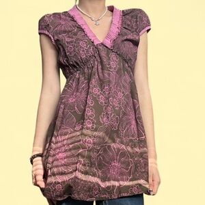 Vintage Y2K Brown & Pink Floral Babydoll Dress